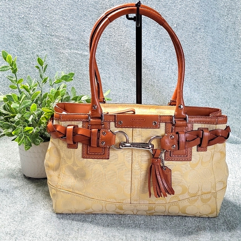 Like New Coach Hampton Signature   Yellow Jacquard Satchel Tan Leather Accents
